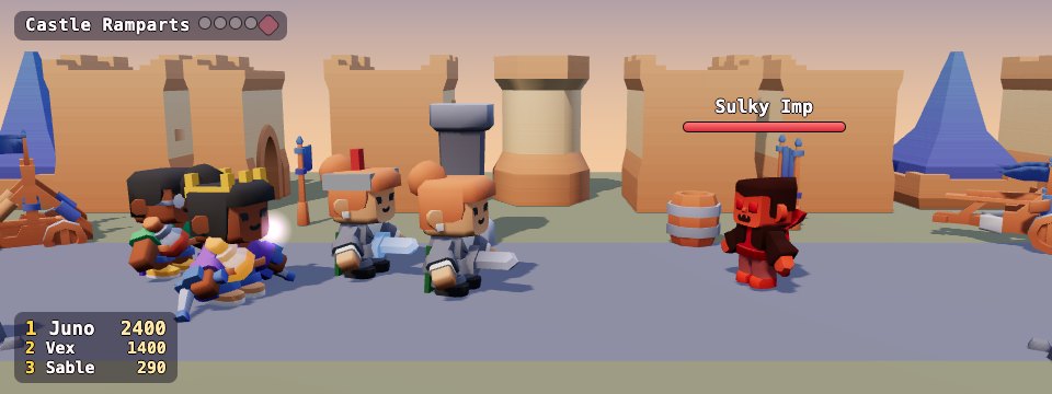 The 3D battle strip: four heroes with capes, helmets and crowns face an imp on the castle ramparts