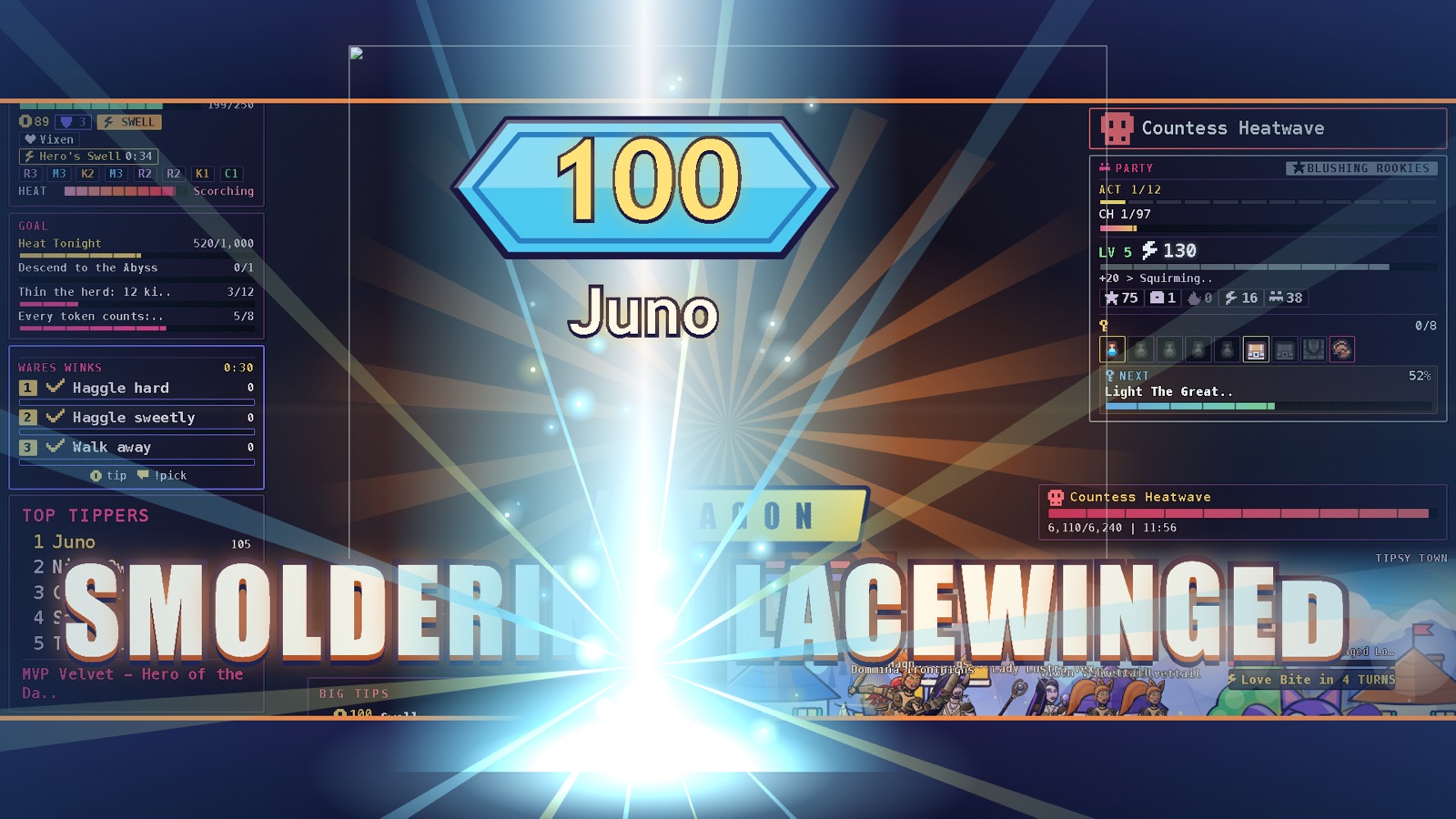 A big tip lands: a glowing 100 token callout with the tipper's name over the battle scene