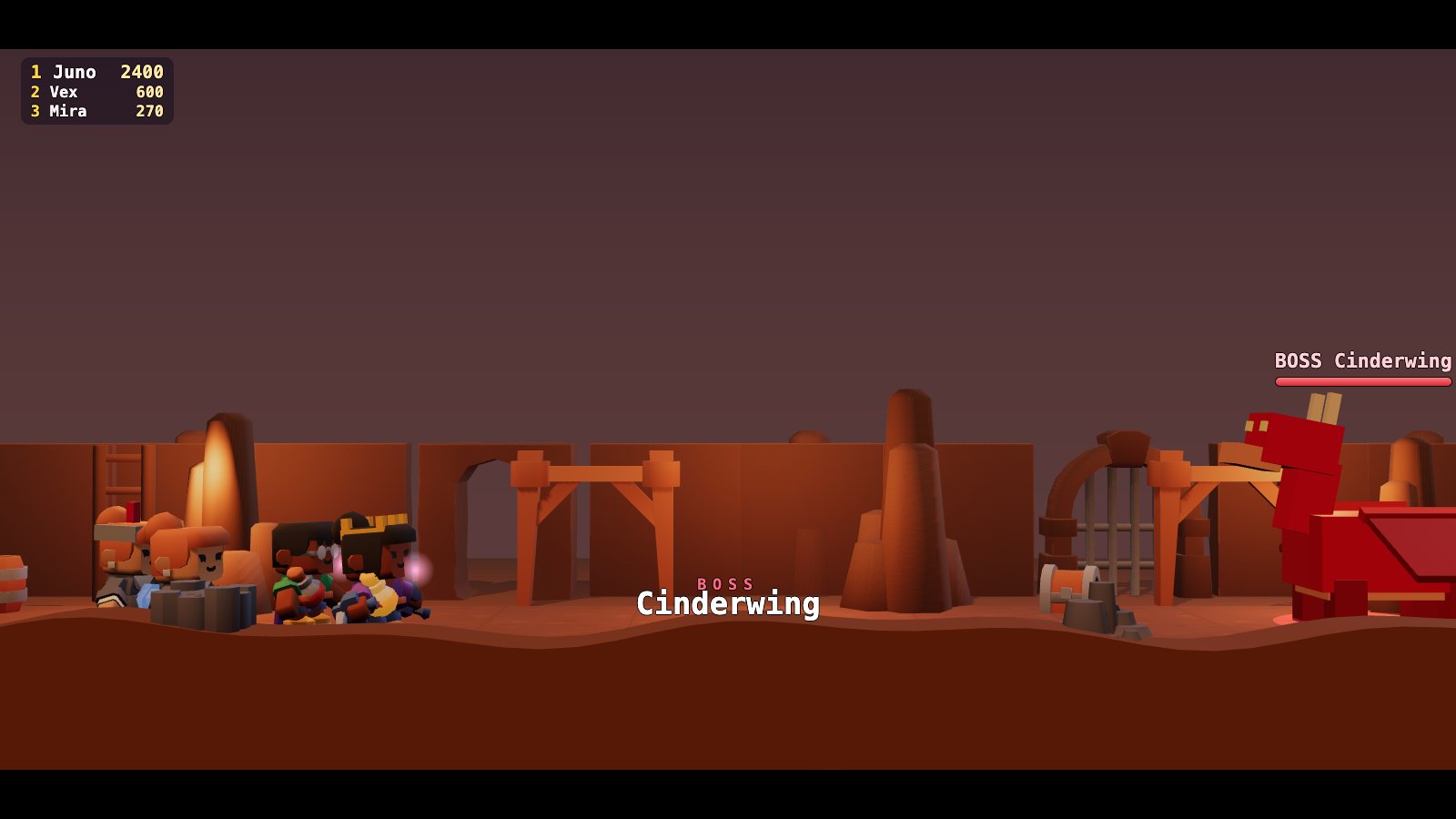 Boss intro: letterbox bars and a nameplate as the dragon Cinderwing enters the cave