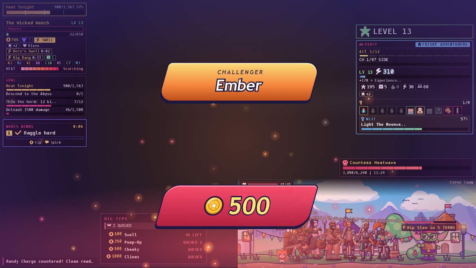 A challenger card announces a rival as a 500 token tip comes in